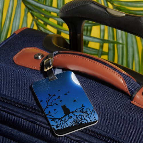 Moonlit Black Cat on Tree Silhouette Luggage Tag