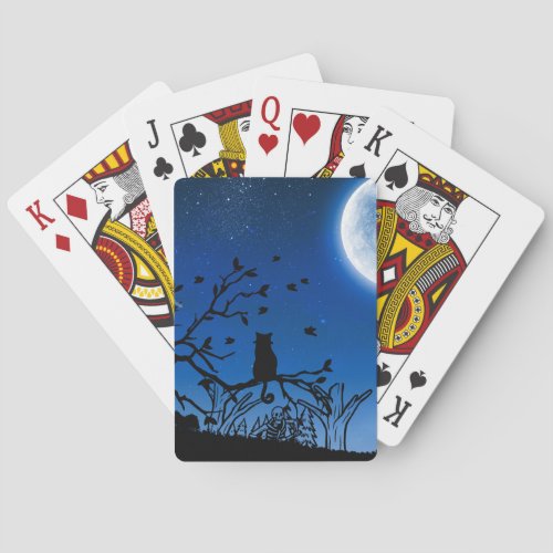 Moonlit Black Cat on Tree Silhouette Poker Cards