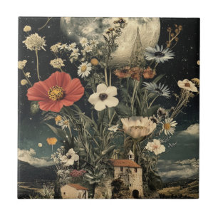Moonlit Blooms Over Rustic Charm Ceramic Tile