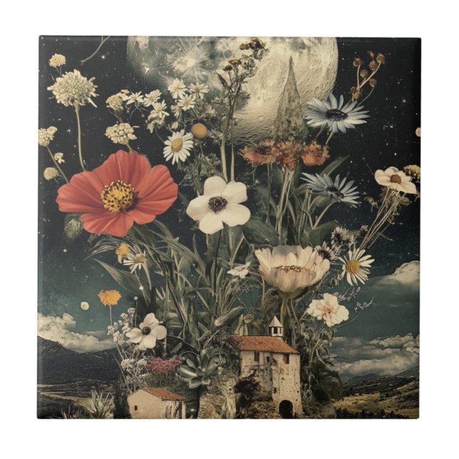 Moonlit Blooms Over Rustic Charm Ceramic Tile (Front)