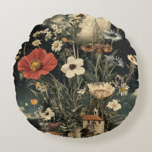 Moonlit Blooms Over Rustic Charm Round Pillow