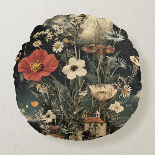 Moonlit Blooms Over Rustic Charm Round Pillow (Front)