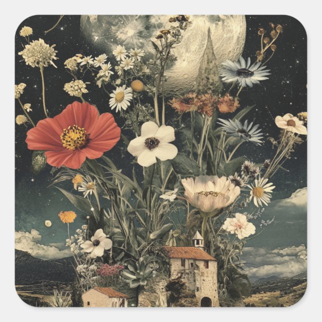 Moonlit Blooms Over Rustic Charm Square Sticker (Front)