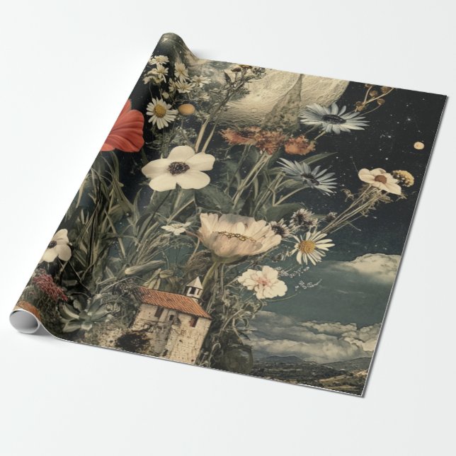 Moonlit Blooms Over Rustic Charm Wrapping Paper (Unrolled)