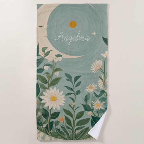 Moonlit Blooms Pastel Floral and Crescent Moon Beach Towel