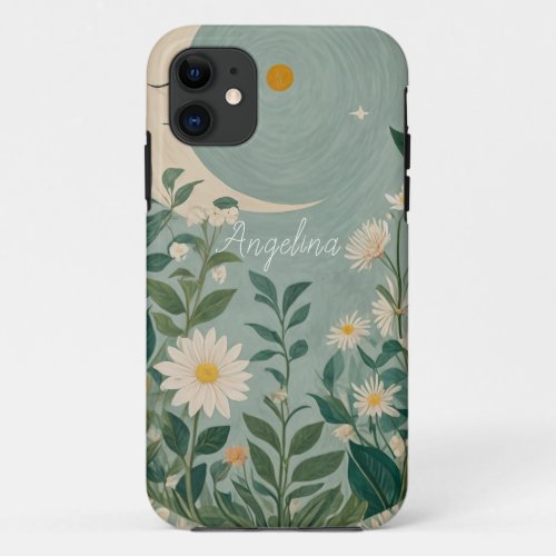 Moonlit Blooms Pastel Floral and Crescent Moon iPhone 11 Case