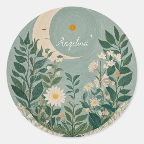 Moonlit Blooms Pastel Floral and Crescent Moon Classic Round Sticker