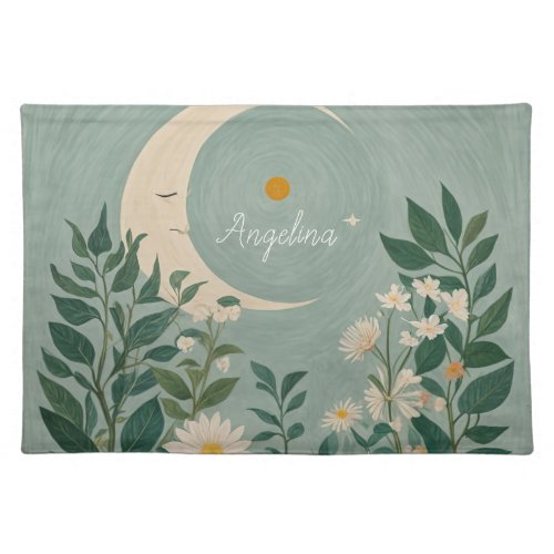 Moonlit Blooms Pastel Floral and Crescent Moon Cloth Placemat