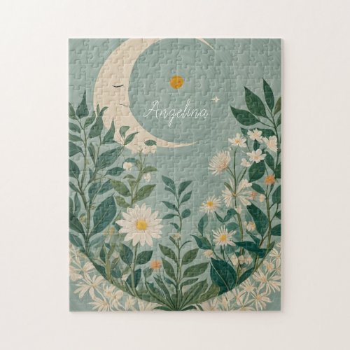 Moonlit Blooms Pastel Floral and Crescent Moon Jigsaw Puzzle