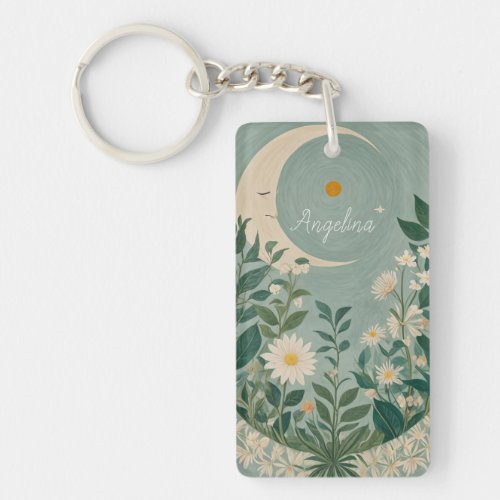 Moonlit Blooms Pastel Floral and Crescent Moon Keychain