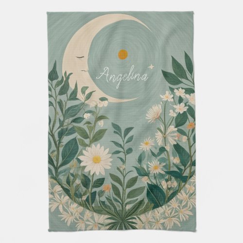 Moonlit Blooms Pastel Floral and Crescent Moon Kitchen Towel