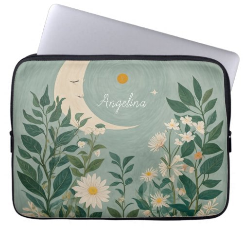 Moonlit Blooms Pastel Floral and Crescent Moon Laptop Sleeve