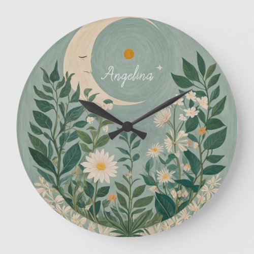 Moonlit Blooms Pastel Floral and Crescent Moon Large Clock
