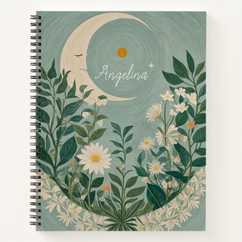 Moonlit Blooms Pastel Floral and Crescent Moon Notebook