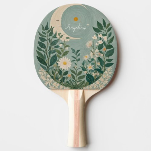 Moonlit Blooms Pastel Floral and Crescent Moon Ping Pong Paddle