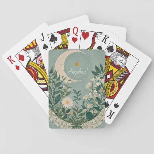 Moonlit Blooms Pastel Floral and Crescent Moon Poker Cards