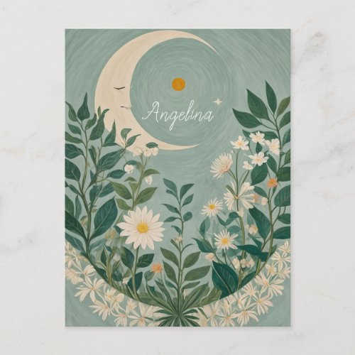Moonlit Blooms Pastel Floral and Crescent Moon Postcard