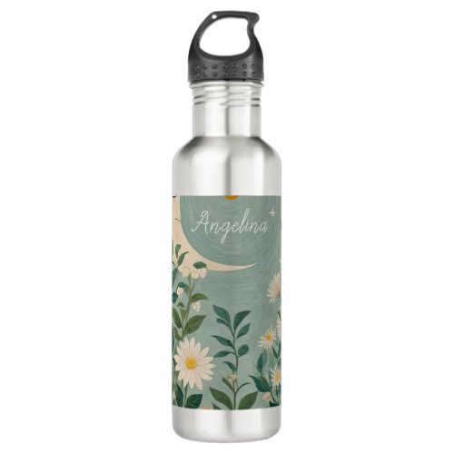 Moonlit Blooms Pastel Floral and Crescent Moon Stainless Steel Water Bottle