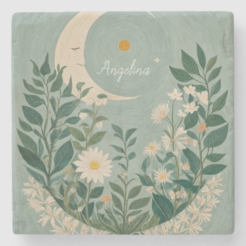 Moonlit Blooms Pastel Floral and Crescent Moon Stone Coaster