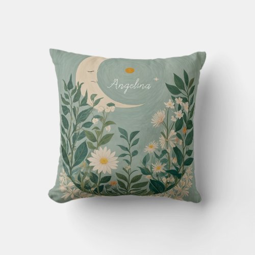 Moonlit Blooms Pastel Floral and Crescent Moon Throw Pillow