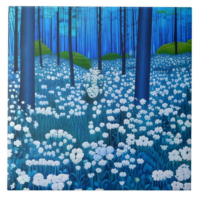 Moonlit Blue Forest Wildflower Meadow Ceramic Tile (Front)