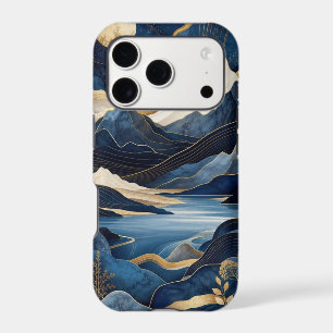 Moonlit Blue & Gold Mountain Lake Landscape Art iPhone 17 Pro Case