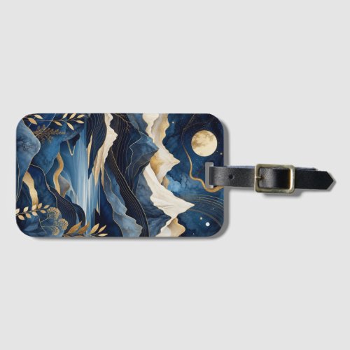 Moonlit Blue & Gold Mountain Lake Landscape Art Luggage Tag
