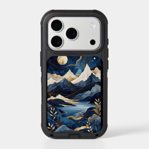 Moonlit Blue &amp; Gold Mountain Lake Landscape Art iPhone 17 Pro Case
