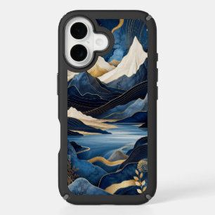 Moonlit Blue & Gold Mountain Lake Landscape Art iPhone 16 Case
