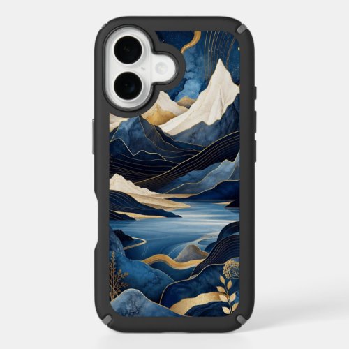 Moonlit Blue &amp; Gold Mountain Lake Landscape Art iPhone 16 Case