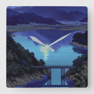 Moonlit Blue Lake & Mountain Art Wall Square Wall Clock