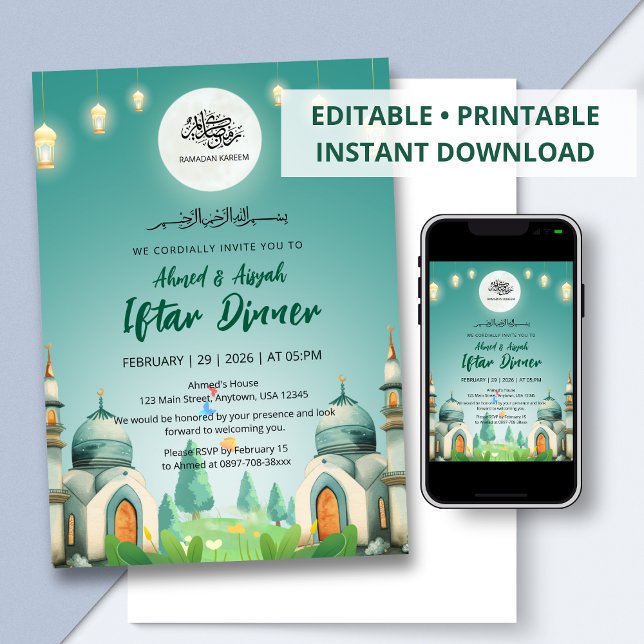 Moonlit Blue Mosque Ramadan Iftar Invitation (Creator Uploaded)
