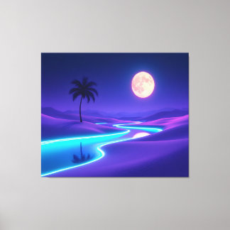 Moonlit Blue Oasis – Dreamy Desert Night Landscape Canvas Print