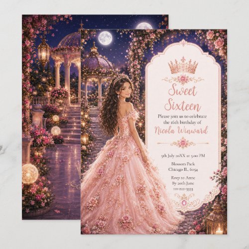 Moonlit Blush Pink Garden Sweet Sixteen Invitation