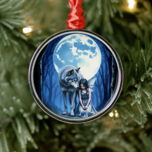 Moonlit Bond – The Wolf and the Gothic Fairy. Metal Ornament