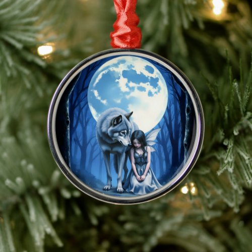 Moonlit Bond – The Wolf and the Gothic Fairy.   Metal Ornament