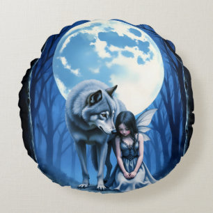 Moonlit Bond – The Wolf and the Gothic Fairy.   Round Pillow