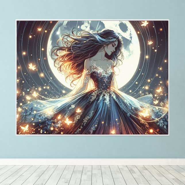 Moonlit Butterfly Enchantress Fantasy Canvas Print (Insitu(Wood Floor))