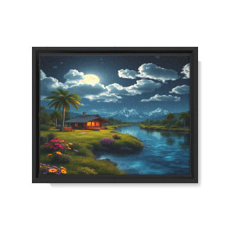 Moonlit Cabin by the River – Nature Wall Art