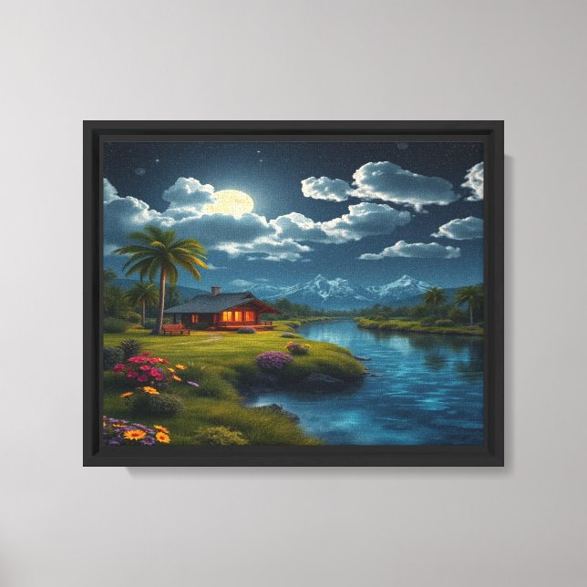 Moonlit Cabin by the River – Nature Wall Art (Front)