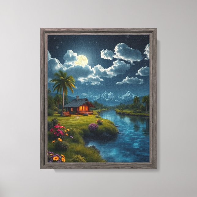 Moonlit Cabin by the River – Nature Wall Art (Front)