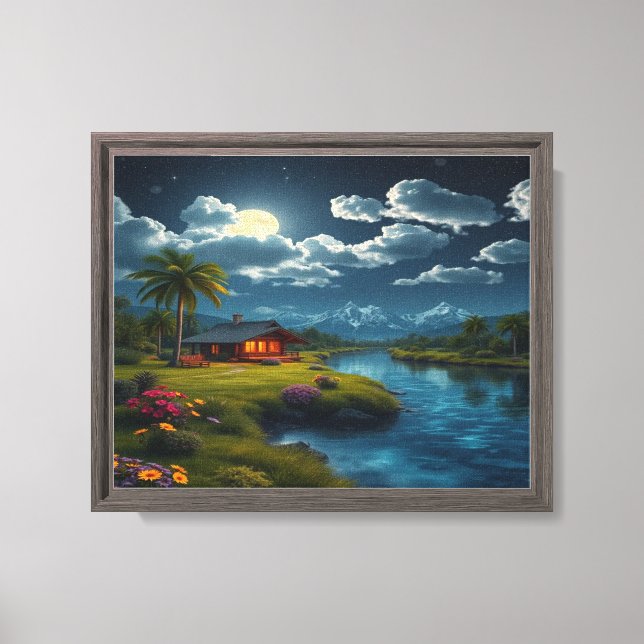 Moonlit Cabin by the River – Nature Wall Art (Front)