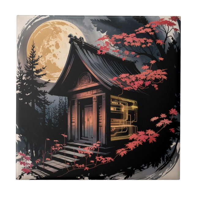 Moonlit Cabin Japanese Forest Art (10) Ceramic Tile (Front)