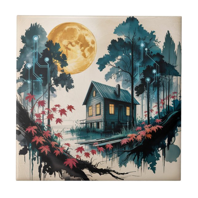 Moonlit Cabin Japanese Forest Art (1) Ceramic Tile (Front)