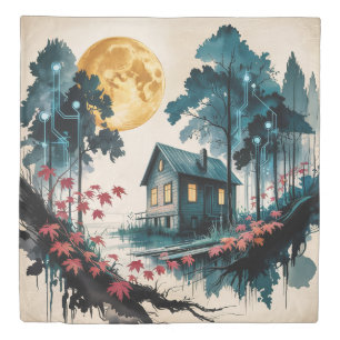 Moonlit Cabin Japanese Forest Art (1) Duvet Cover