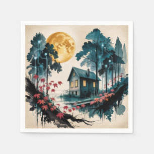 Moonlit Cabin Japanese Forest Art (1) Napkins