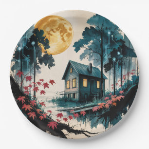 Moonlit Cabin Japanese Forest Art (1) Paper Plates