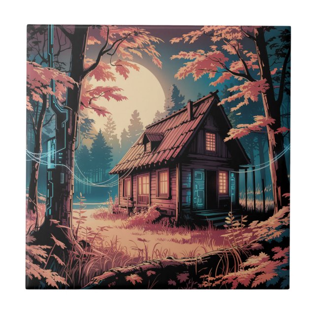 Moonlit Cabin Japanese Forest Art (2) Ceramic Tile (Front)
