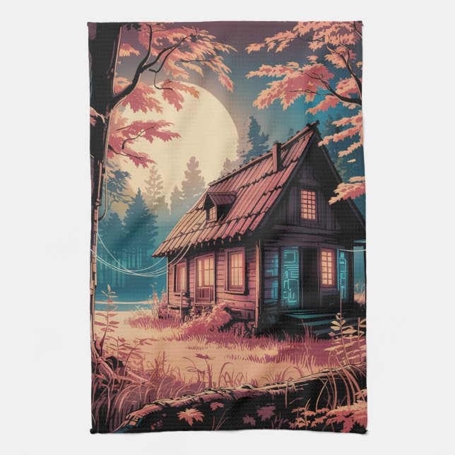 Moonlit Cabin Japanese Forest Art (2) Kitchen Towel (Vertical)