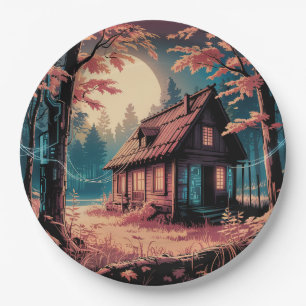 Moonlit Cabin Japanese Forest Art (2) Paper Plates